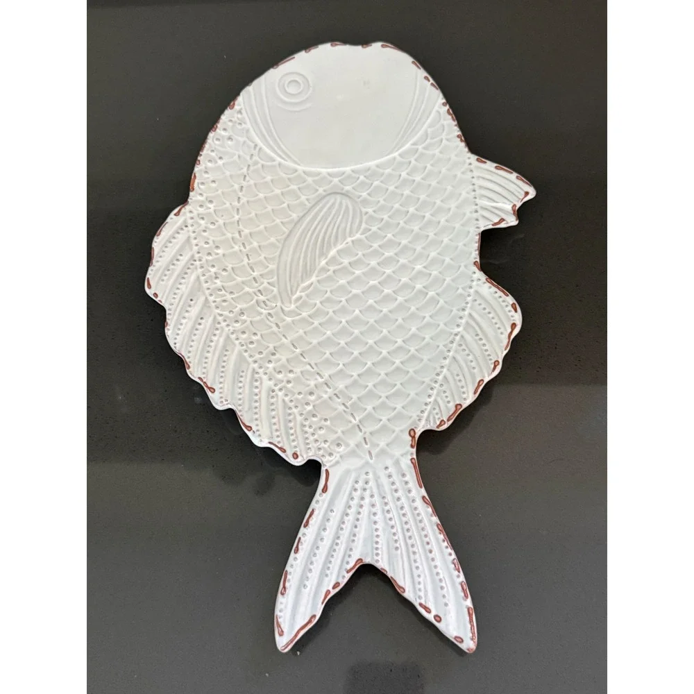 Vtg Mud‎ Pie White Ceramic Fish Platter Embossed Scale Coastal Serving Tray